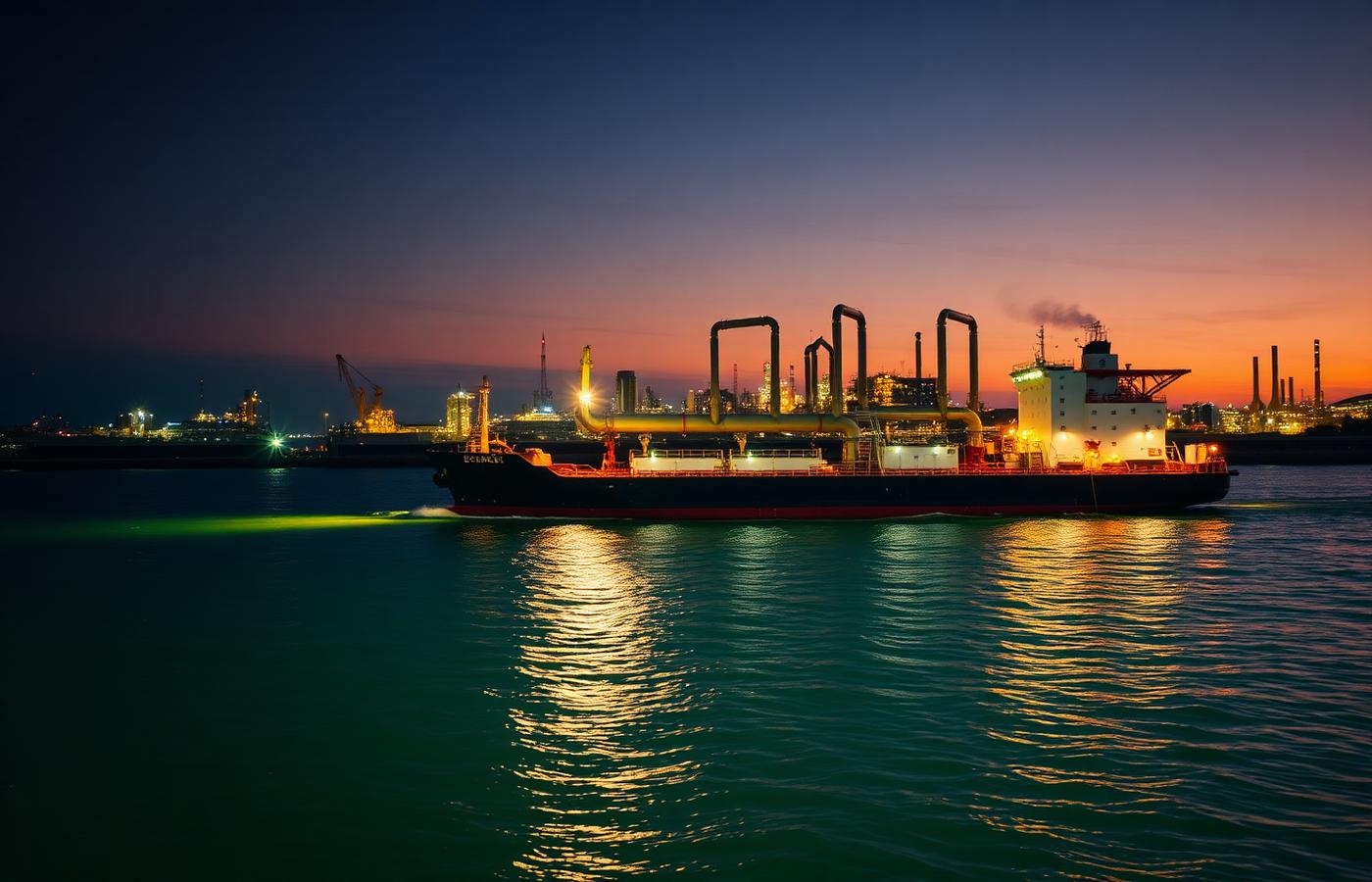 Petroleum barge at night