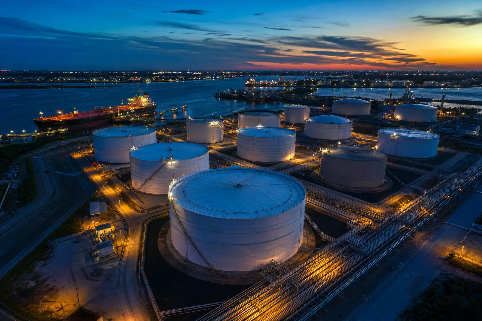 Jacintoport tank farm and pipeline manifolds at blue hour